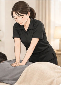 黒いポロシャツの女性セラピストがお部屋でボディケアを行う様子